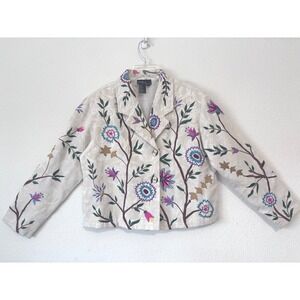 Daniel K Embroidered Jacket Womens‎ Large Cream Floral Boho Cropped Vintage Y2K